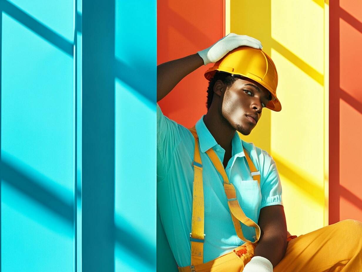 HR medewerker met helm en handschoenen in stijl van Wes Anderson